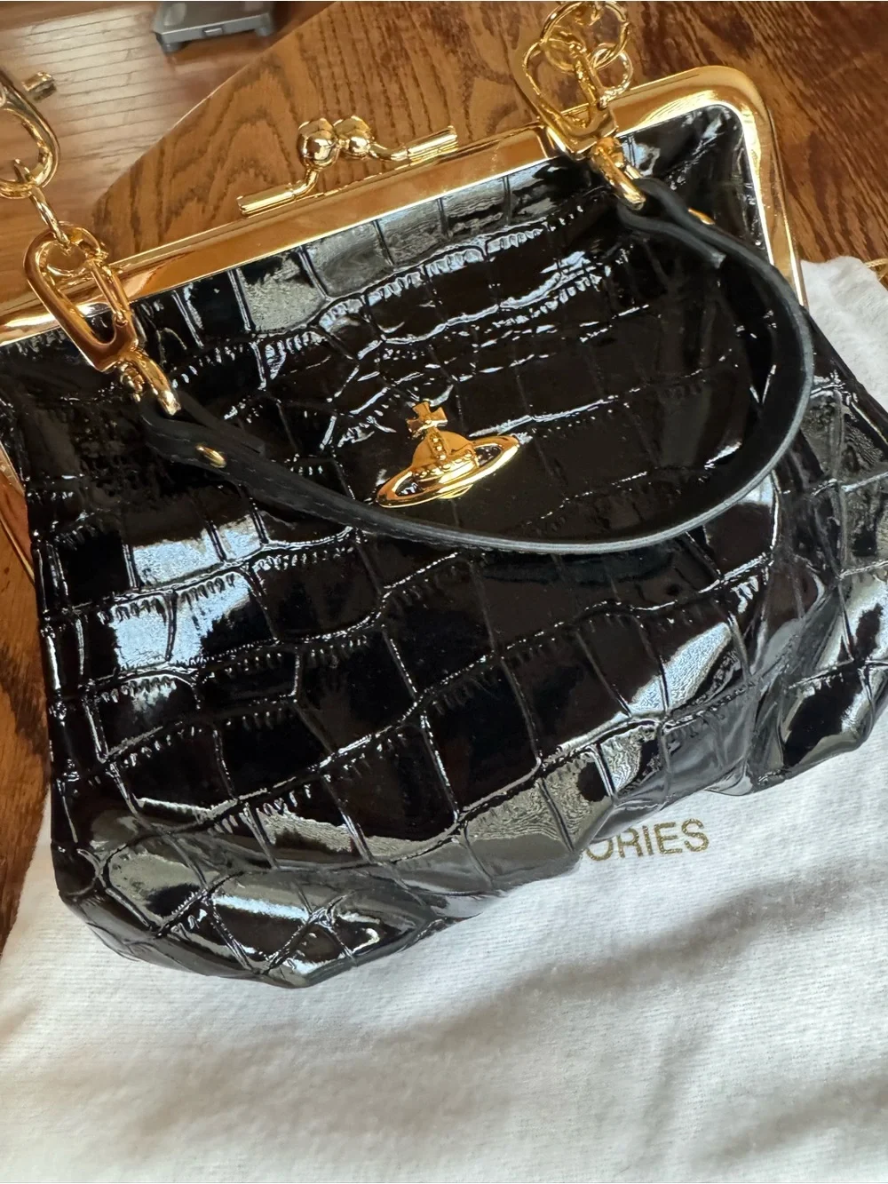 Vivienne Westwood Black Patent Croc-Embossed Frame Clutch with Gold Hardware